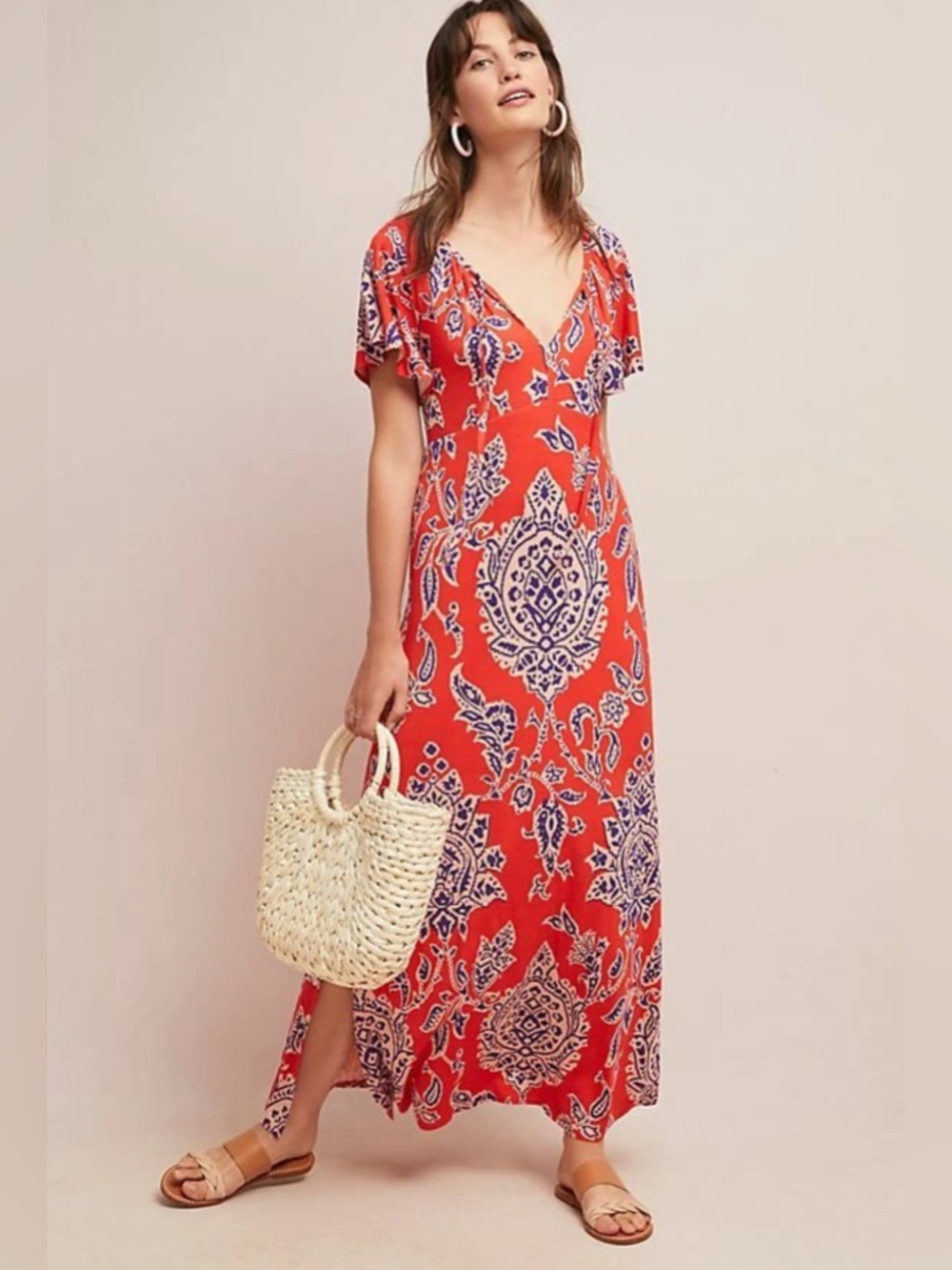 Anthropologie Boho-Print Red V-Neck Maxi Dress with Elastic Waist